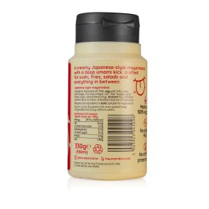 theumamibros.com A bottle of Japanese Style Mayonnaise with back label displaying product description, ingredients, nutrition information, and storage instructions. The 330g (350ml) bottle has a black flip-top cap and signature umami flavour.