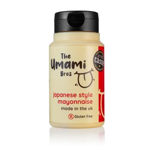 theumamibros.com A bottle of Japanese Style Mayonnaise, gluten free and made in the UK, features a "great taste" award sticker and playful illustrated graphics on a white background, highlighting its rich umami flavour.