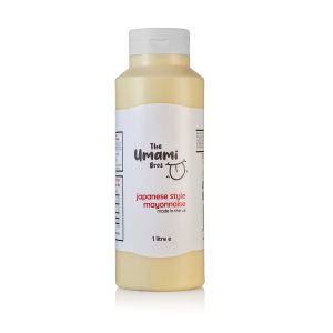 theumamibros.com A 1-litre bottle of Japanese Style Mayonnaise (1 Litre) Case, featuring a white label and grey cap with branding and product details, set against a clean white background.